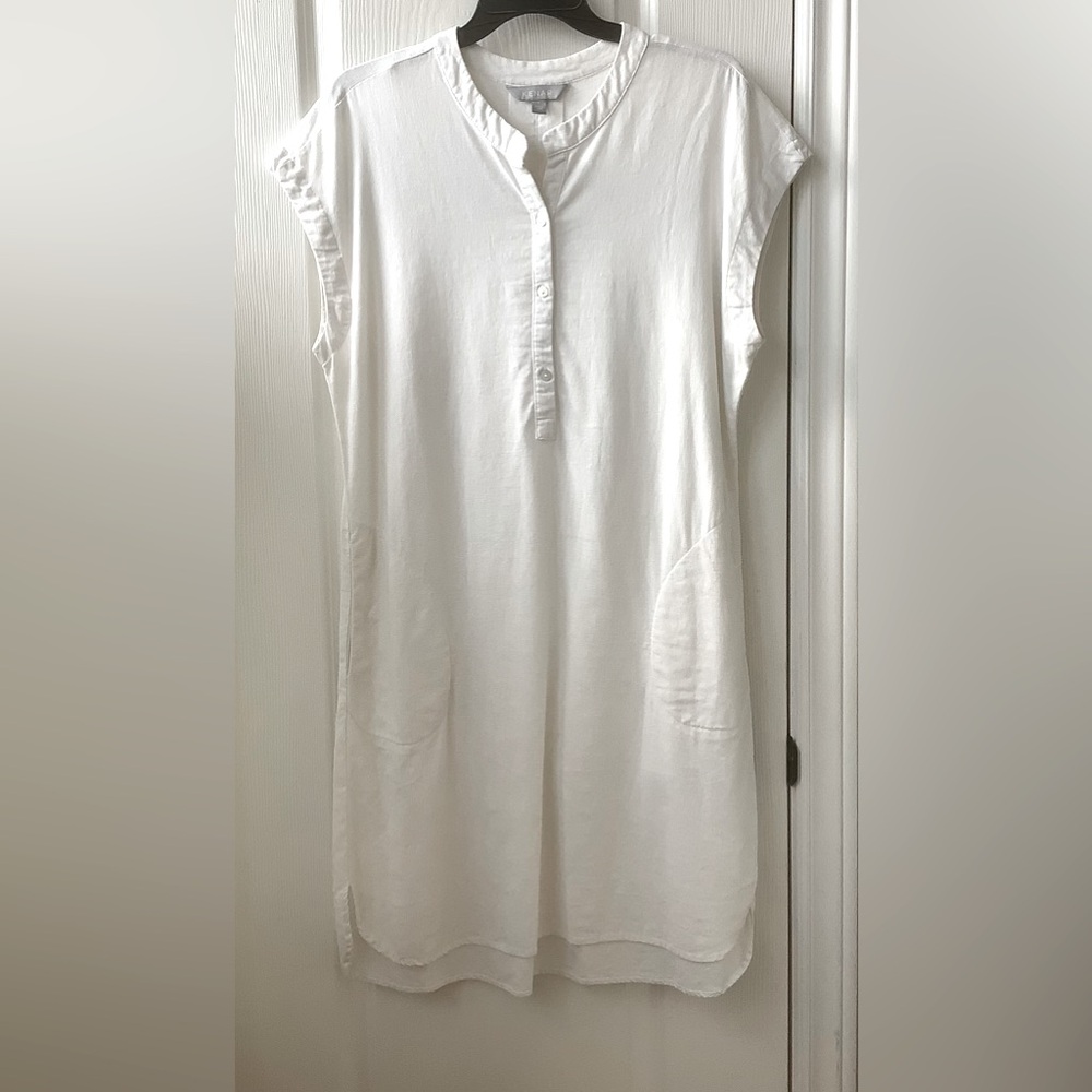 Linen Button-front Cap Sleeve Shirt Dress